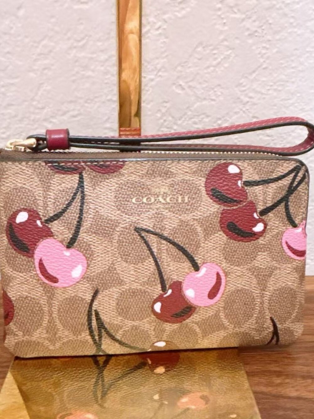 NWT Coach Corner Zip Wristlet with Cherry Print CZ450 Tan Multi